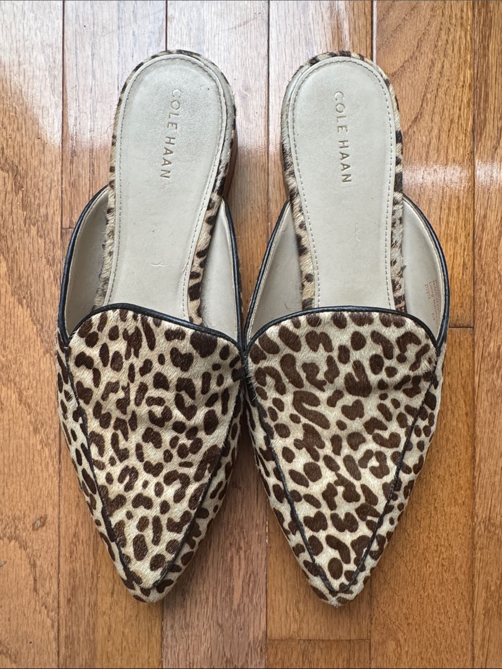 Cole Haan Leopard-Print Pointed Slip-On Mules in Brown and Cream